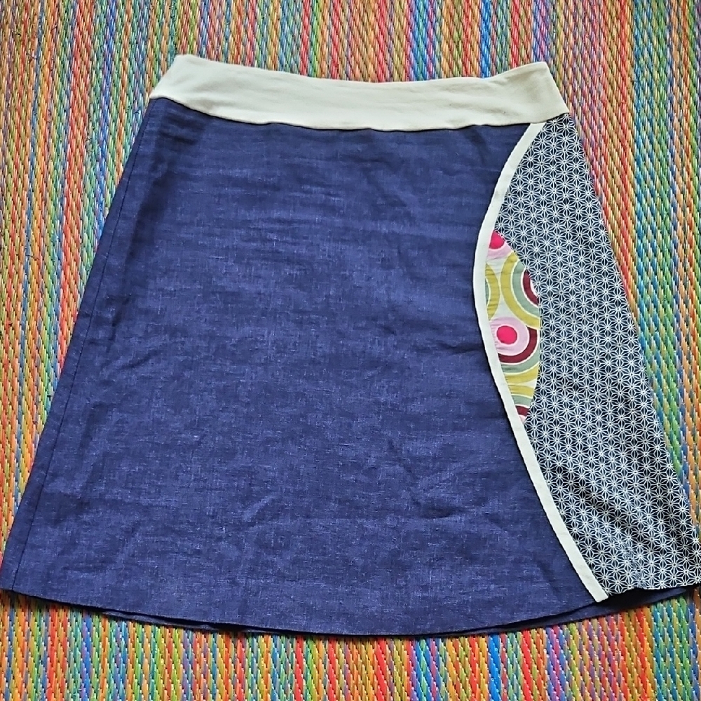 Kelly Lane Blue Skirt With Colorful Decorative Pattern Panel